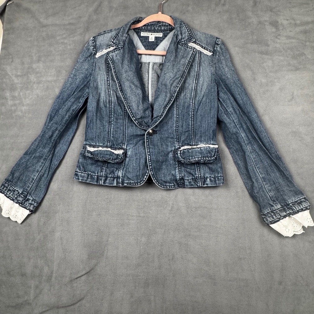 Tommy‎ Hilfiger Denim Blazer Med Wash Eyelet Lace Trim Blue Jean Jacket Womens M